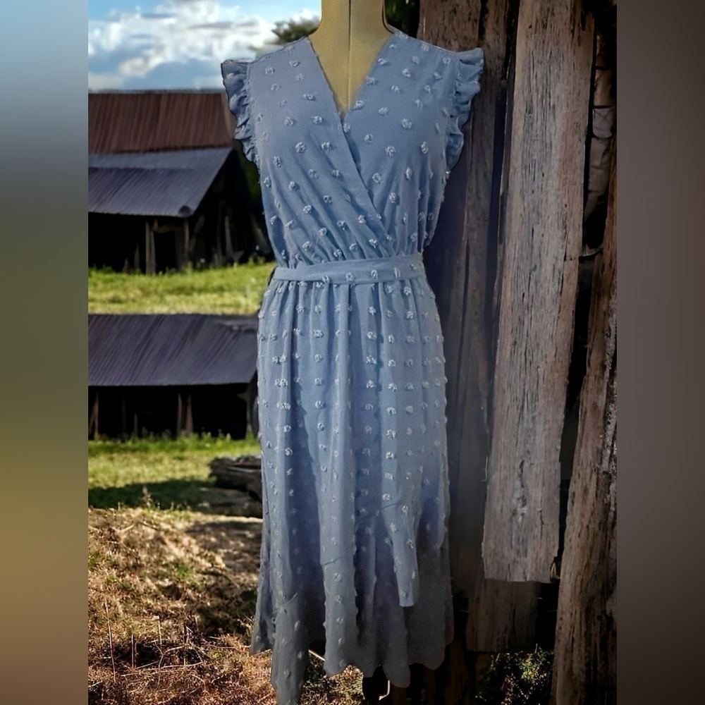 NWOT Size L short ruffle sleeve blue V-neck textured boho rustic maxi dress 6033